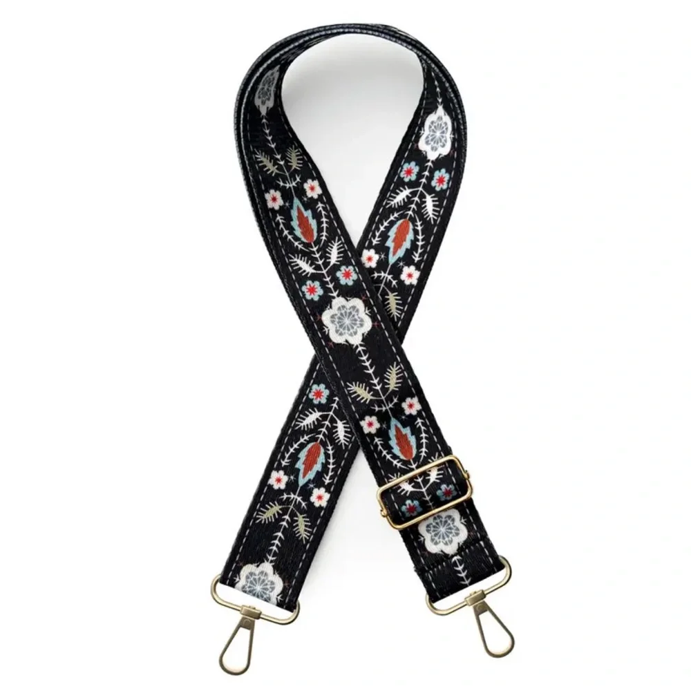 Boho Floral Embroidered Adjustable Bag Strap Black Gold Hardware - Picture 2 of 5